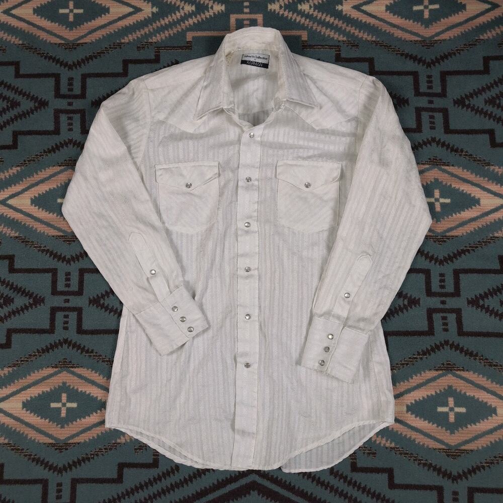 80's KARMAN Western Pearl Snap Shirt Medium White Geometric diamond Long Sleeve